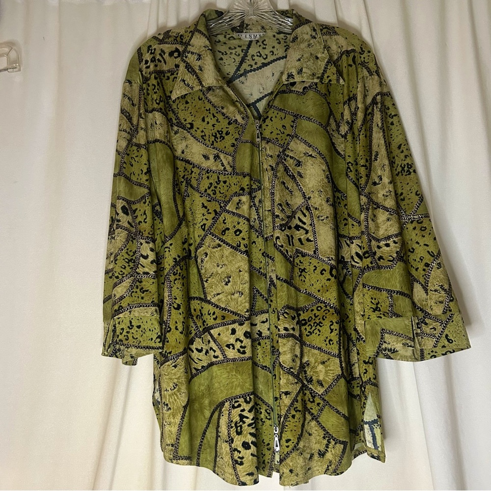 ENMS Vintage Zip-Up Blouse Jacket Green Abstract Pattern Animal Patch Print XXL